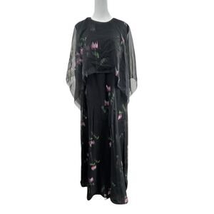 VTG 80s Black Chiffon Floral Maxi Dress Sz M Witchy Whimsigoth Cape Fairy Grunge
